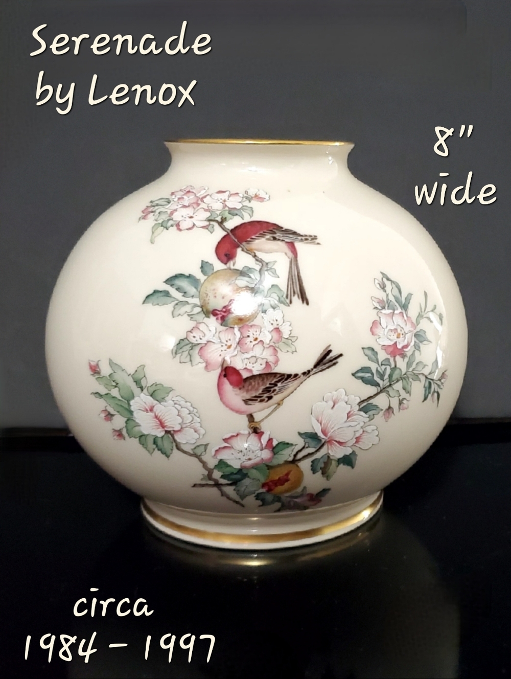 Vntg Lenox Serenade Ivory China Vase 24K Gold Trim Birds Pink Blossoms
